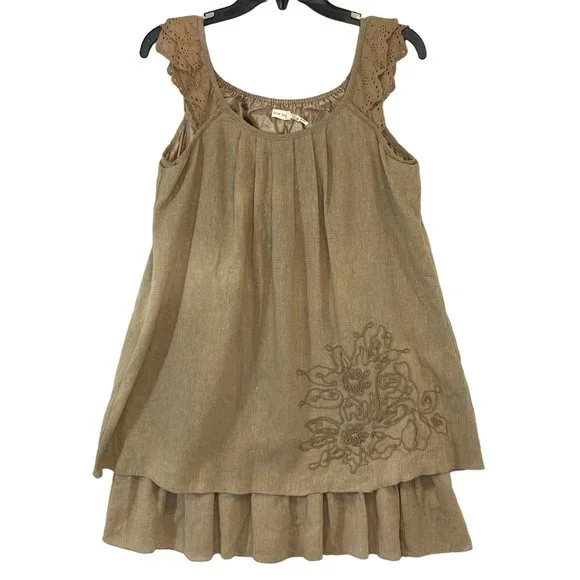 Lagenlook Tan Linen Dress Size M Embroidered Tiers Lightweight Blue Bird Boho - Picture 6 of 12